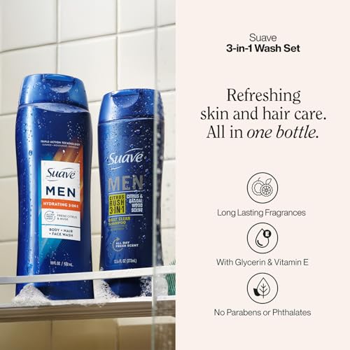 Suave Men 3-in-1 Hair, Body & Face Wash Set - Hydrating & Citrus Rush
