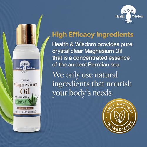 Health & Wisdom Magnesium Oil with Aloe Vera - 4 Fl oz, Topical Muscle & Skin Relief