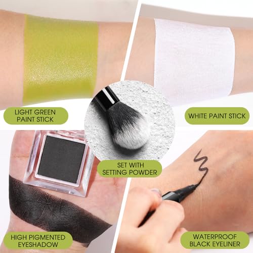 BOBISUKA Light Green & White Face & Body Paint Stick Kit with Black Eyeshadow, Eyeliner & Sponges - Halloween Cosplay Makeup Set