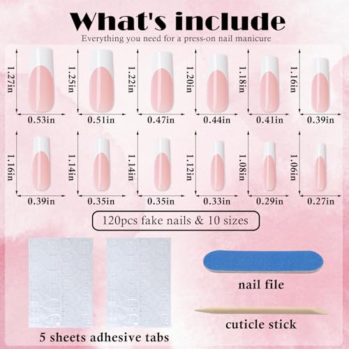 120ct White French Tip Press-On Nails Kit - Long Square Nude w/ White Tips & Adhesive Tabs