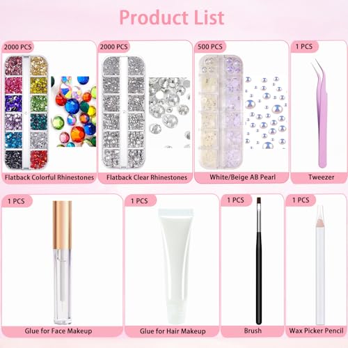 LOIKMIUP Gems with Pearl - Half Round Nail & Face Rhinestones with Makeup Glue, Festival & Party Face Gems