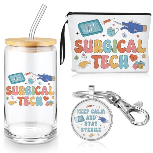 Kacctyen Surgical Tech Gifts Set - 3 pcs Appreciation Makeup Bag, Glass Cup, Keychain