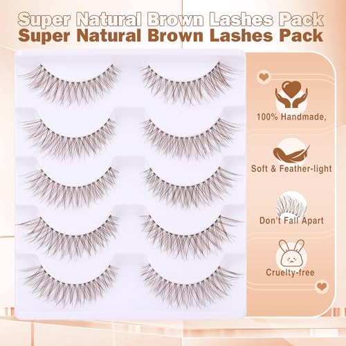 Newcally B-Natural Brown False Eyelashes - Wispy Cat Eye Faux Mink, Short & Curly