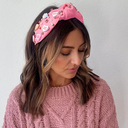 Pink & Rose Red Valentine's Day Headbands for Women Girls Knot Rhinestone Heart Accessories, 2 Pack