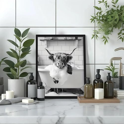 Funny Highland Cow Bathroom Wall Art - Black & White Canvas Print 10x8