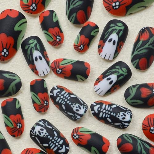 Halloween Press On Nails Short Oval Fake Nails with Skull and Ghost Designs - 24 Pack