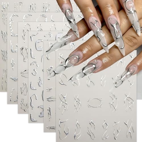 6 Sheets Silver Line Nail Art Stickers - 3D Abstract Design
