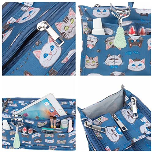 MICOM Expandable Cosmetic Bag, Cute Cat Print Makeup Organizer with 14 Pockets