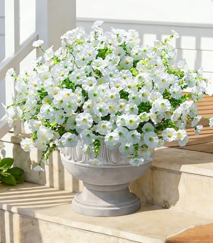 12 Bundles of White Silk Morning Glory Flowers with Eucalyptus - UV Resistant Faux Plants for Outdoor Decoration