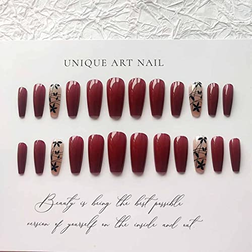 RikView Red Coffin Acrylic Fake Nails - Fall Design, Full Cover, 24 pcs