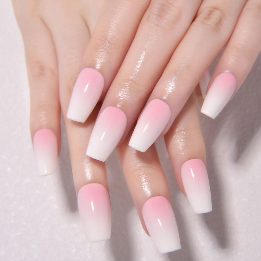 Ombre Press-On Nails - White & Light Pink Coffin Acrylic Design | 30 Pcs Reusable DIY Nail Art Kit for Women