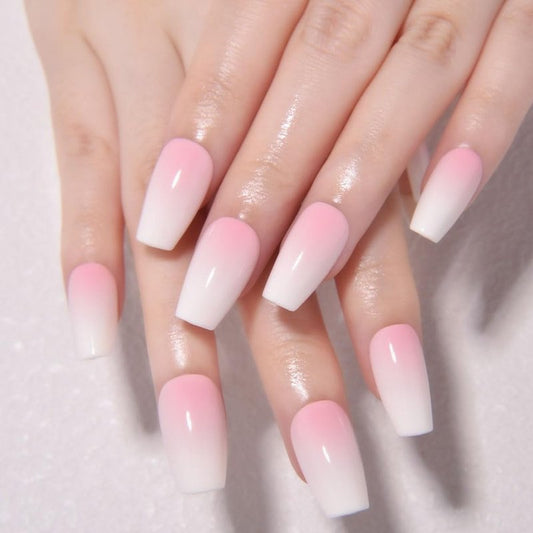 Ombre Press-On Nails - White & Light Pink Coffin Acrylic Design | 30 Pcs Reusable DIY Nail Art Kit for Women