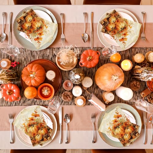 100-Pack Fall Pumpkin Paper Napkins - Floral Thanksgiving Design
