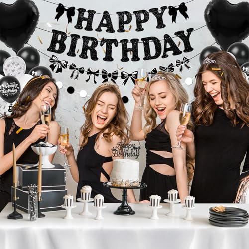 Black Bow Birthday Party Decorations Set - 35pcs Kit with Banner, Balloons, Cake Topper & Accessories