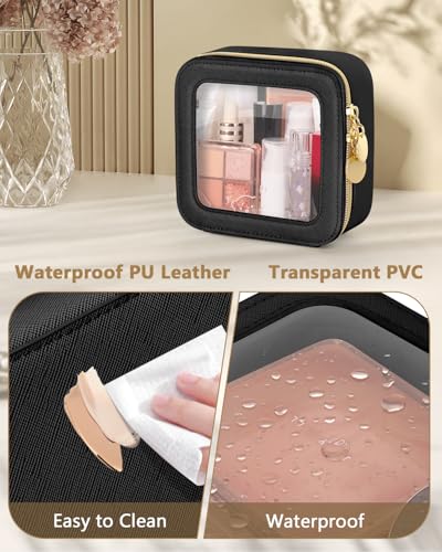 Soimeat Mini Clear Travel Cosmetic Bag - Waterproof Leather Toiletry Organizer, Black