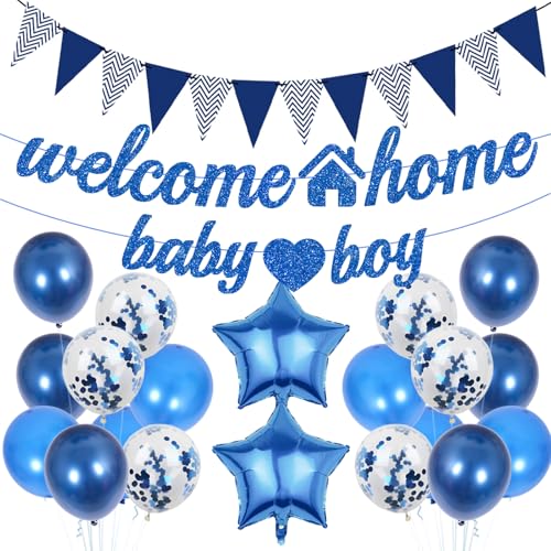 Welcome Home Baby Boy Decoration Set - 22 Pcs Blue Banners & Balloons