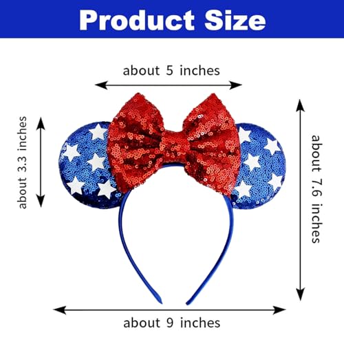Roffiy Star 4th of July Headband – Red Glitter Bow, Blue Ears with White Stars