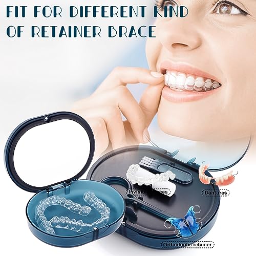 LONGMON Blue Double-Layer Retainer Storage Case with Removal Tool, Cleaning Brush & Built-in Mirror