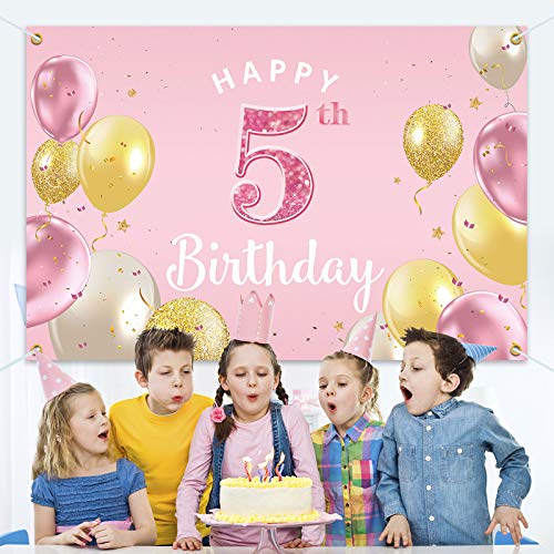 Happy 5th Birthday Banner - Pink Party Backdrop 3.9x5.9ft
