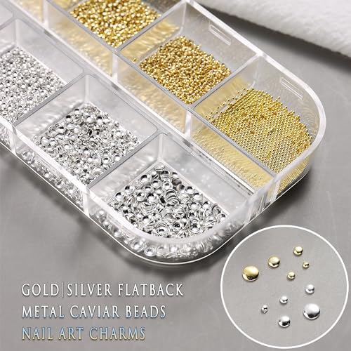 3D Nail Beads Set with Magnet Picker Tool - Gold & Silver Caviar Beads
