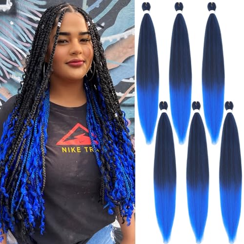 34 Inch Pre-Stretched Braiding Hair #1B/Blue - 6 Packs for Easy Styling