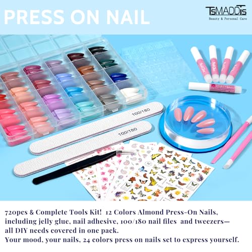 TsMADDTs 720pcs Press On Nails Kit - Almond Shape, 24 Colors