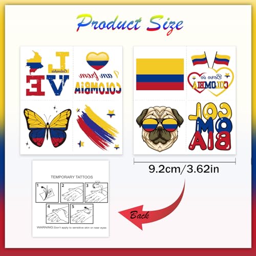 Colombia Flag Temporary Tattoos - 72 pcs patriotic sticker set for Independence Day, parties & celebrations
