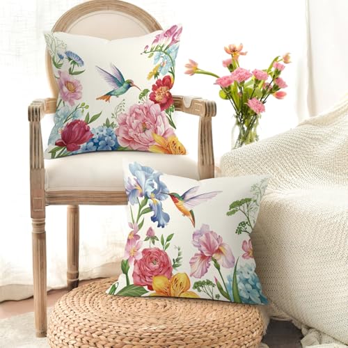 Floral Hummingbird Throw Pillow Covers, Set of 4, 18x18