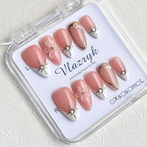 Vlazryk Short Brown French Tip Press On Nails with 3D Metallic Rhinestones