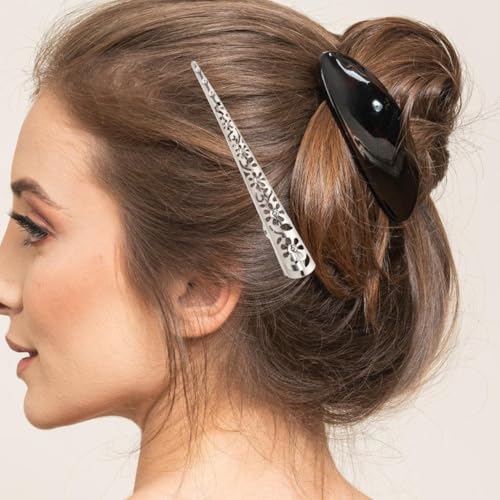 FRCOLOR Silver Metal Hair Barrette, 5.11" Hollow Floral Hair Clip, 4 Pcs