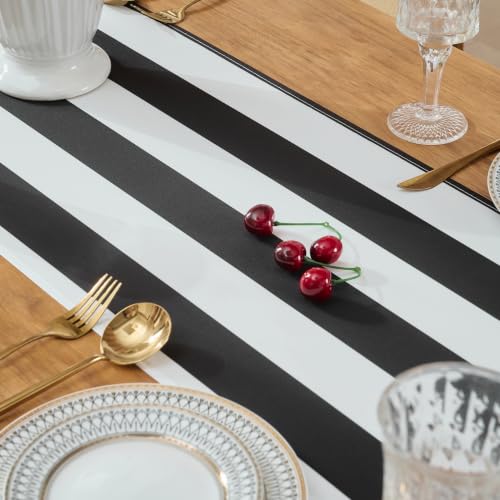 Waterproof Black and White Striped Table Runner 14"x72" for Dining & Events