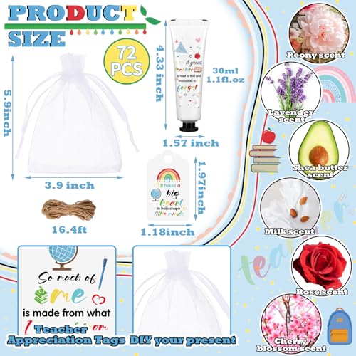 Teacher Appreciation Hand Cream Set - Moisturizing Lotion with Cards & Organza Bags, 72 Travel Size Gifts