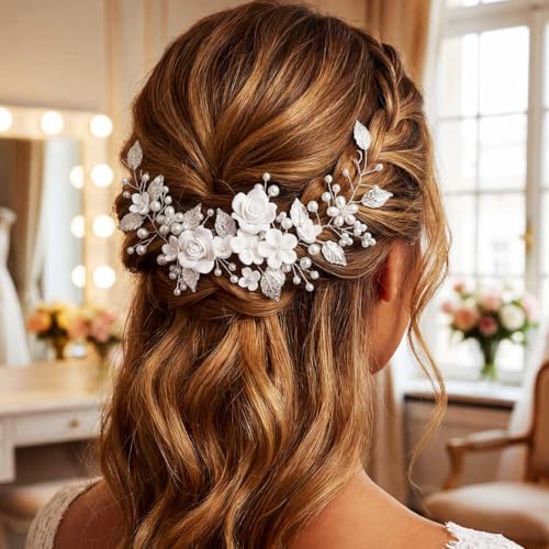 Silver Pearl Flower Bridal Hair Vine for Wedding and Prom