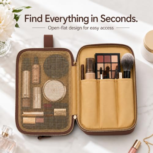 KUOSHI Brown Travel Makeup Bag - Large Waterproof Cosmetic Organizer with Dividers