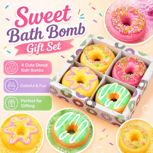 Jaolee Donut Bath Bomb Gift Set - 4 Pack Natural Fizzy Spa Bath Bombs