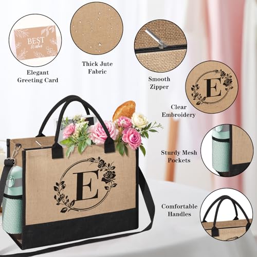 Monogrammed Initial Jute Tote Bag E - Personalized Beach Bag for Women