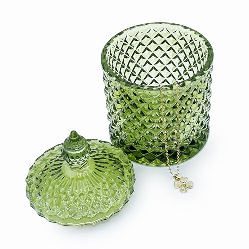 Olive Green Crystal Glass Qtip Holder & Candy Jar with Lid