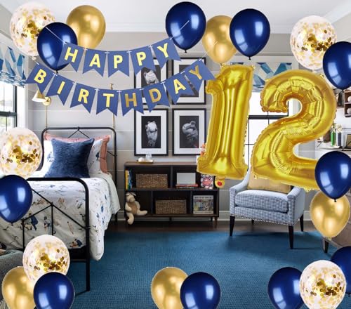 12th Birthday Decorations for Boys - Navy Blue & Gold Balloon Set
