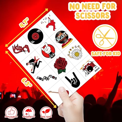 Kids & Teens Rock-Themed Temporary Tattoos Pack - 96 Sheets for Parties & Events