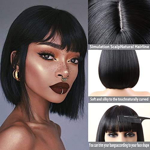 Black Short Bob Wig with Bangs - Synthetic 12 Inch Straight Cosplay & Daily Wear