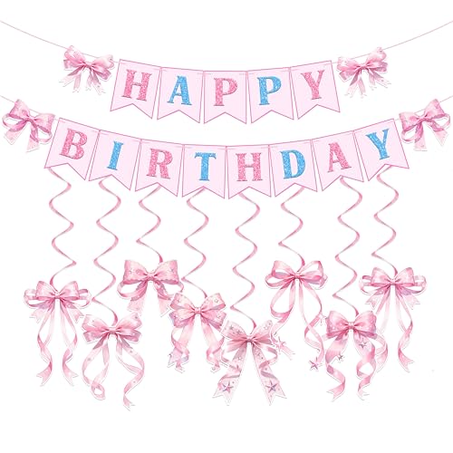 Pink Bow Happy Birthday Decorations Kit - Pre-Strung Banners & Swirls