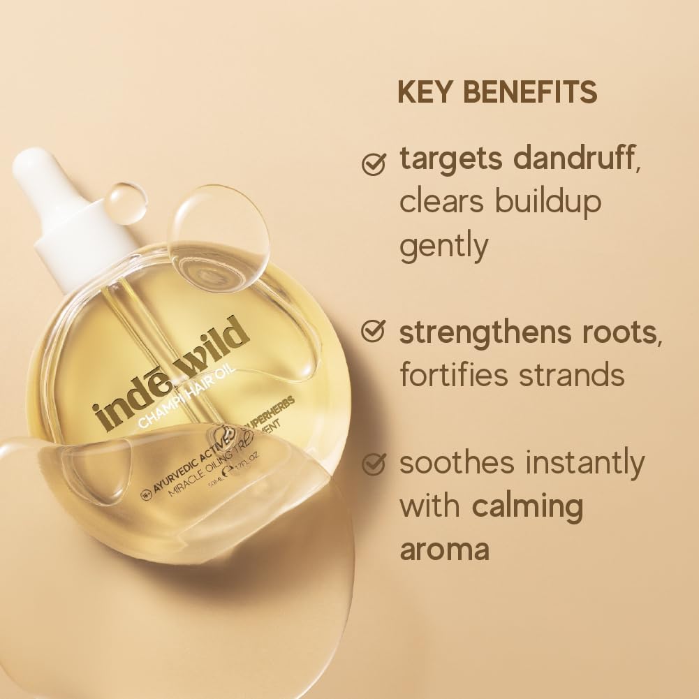 Indē wild Champi Hair Oil, Miracle Oiling Treatment, 16+ Ayurvedic Actives, Targets Dandruff, Strengthens Roots, 1.7 fl oz