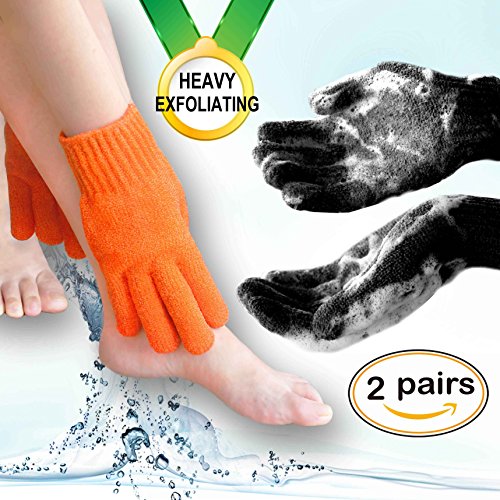 MIG4U Exfoliating Shower Gloves Pack of 2 - Black & Orange, Premium Nylon Body Scrub for Men & Women