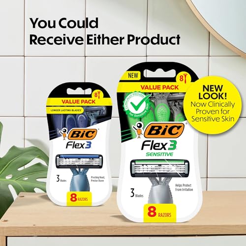BIC Flex 3 Sensitive Disposable Razors Men 8-Pack – 3 Flexible Blades, Aloe & Vitamin E, Travel Ready
