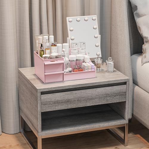 DancesCat Pink 2-Drawer Makeup Organizer, 7-Compartment Vanity Storage