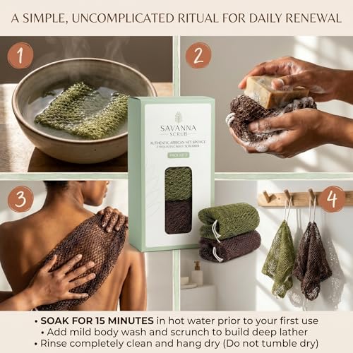 Savanna Scrub Authentic African Net Sponge - Brown & Green Exfoliating Back Scrubber, 2 Pieces