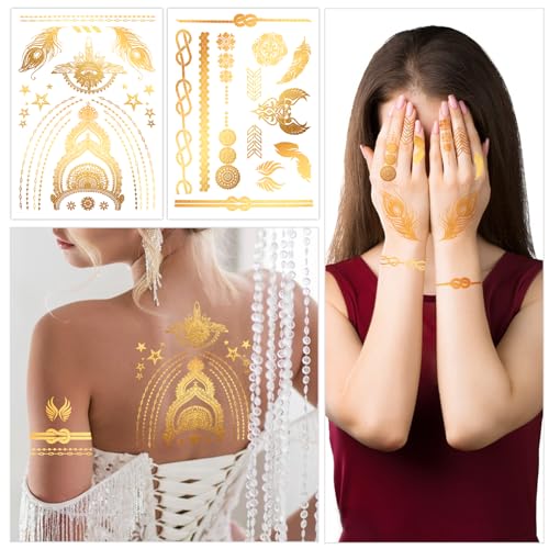 Gold Metallic Temporary Tattoos for Face & Body - 9 Sheets for Festivals & Parties