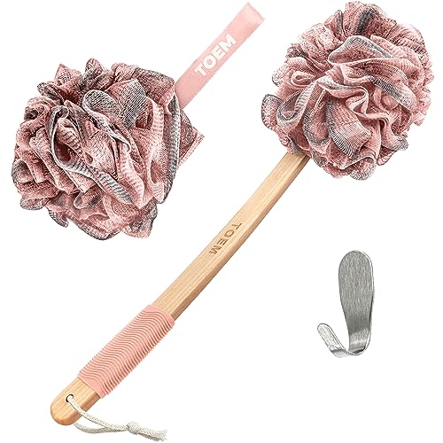Toem Long Handle Back Scrubber and Loofah Set - Bamboo Charcoal Exfoliator