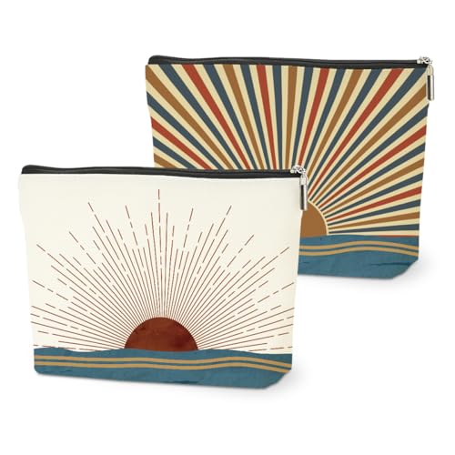 2PCS Boho Makeup Bag Set, Linen Cosmetic Travel Pouch for Women