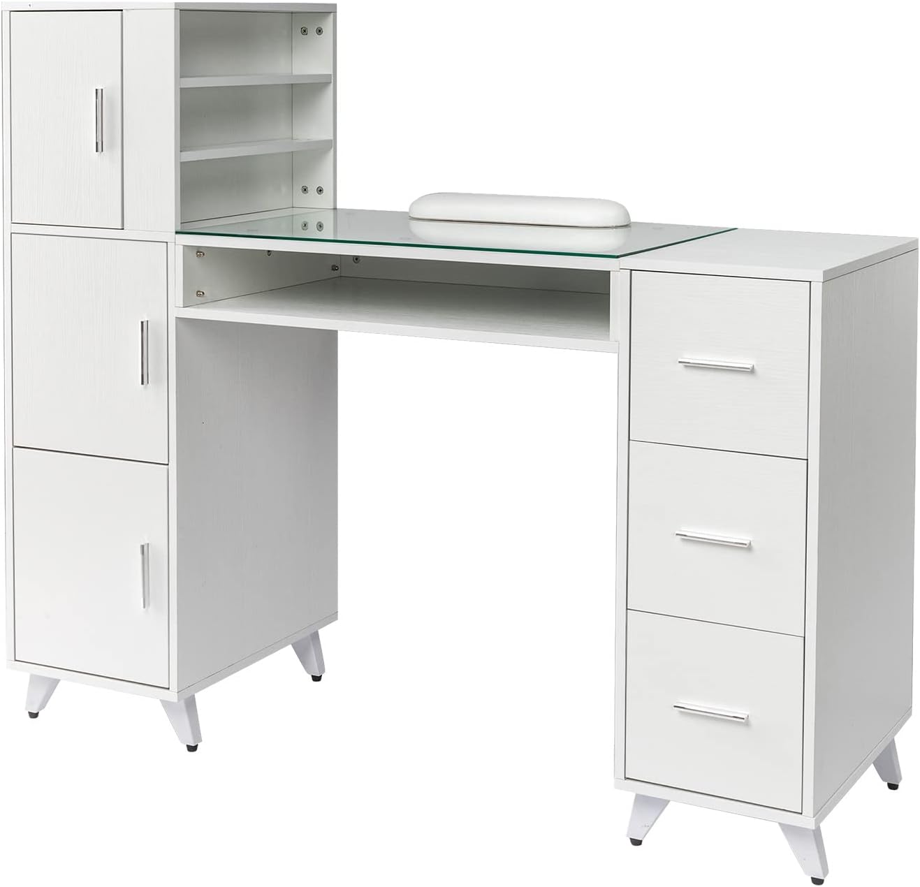 OmySalon Manicure Table - Nail Desk with Glass Top & Wrist Rest | Acetone Resistant, 3 Cabinets & Drawers for Nail Tech